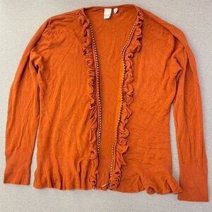 VILA Milano Burnt Orange‎ Ruffle Trim Zip Cardigan – Pearl Detail Knit Sweater